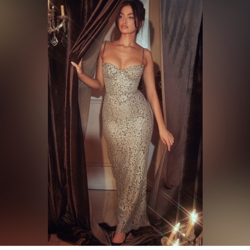 House of CB Silver Lace Corset Maxi Dress | XS Plus Cup | Formal, Wedding​​​​